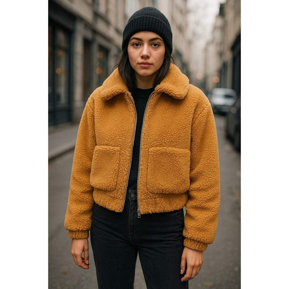 Urban Outfitters Sherpa Fleece Zip Jacket – Tan Teddy Bomber – Women’s Small